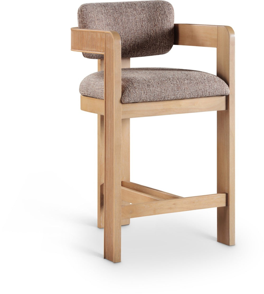 Meridian Furniture Sacha Fluted Wood Frame Counter Stool with Woven Linen Upholstery for Kitchen Islands 11074Brown-C