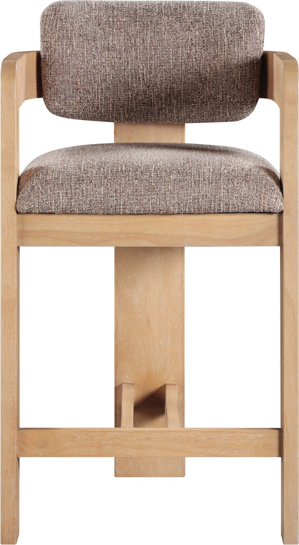 Meridian Furniture Sacha Fluted Wood Frame Counter Stool with Woven Linen Upholstery for Kitchen Islands 11074Brown-C