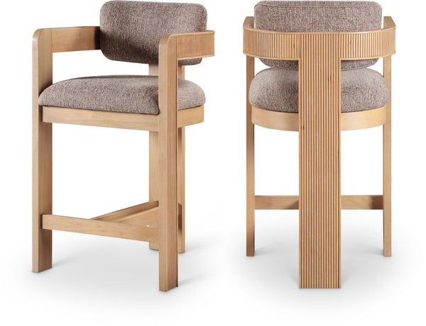 Meridian Furniture Sacha Fluted Wood Frame Counter Stool with Woven Linen Upholstery for Kitchen Islands 11074Brown-C