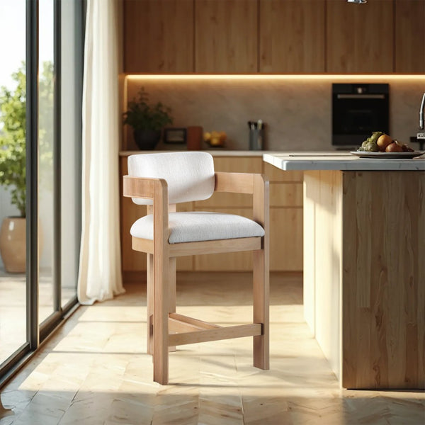 Meridian Furniture Sacha Cream Woven Fabric Counter Stool with Fluted Wood Frame for Kitchen Islands 11074Cream-C