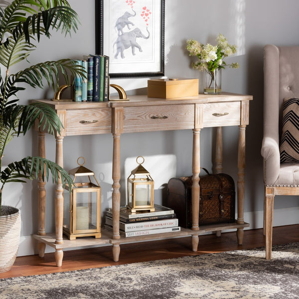 Baxton Studio Baxton Studio Hallan Rustic Whitewashed Oak Console Table with 3 Drawers for Vintage Charm & Storage JY20A075-Natural-Console