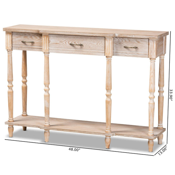 Baxton Studio Baxton Studio Hallan Rustic Whitewashed Oak Console Table with 3 Drawers for Vintage Charm & Storage JY20A075-Natural-Console