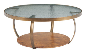 Zuo Modern Gara Round Glass Top Coffee Table Wavy Burl Veneer Base for Modern Lounges 110755
