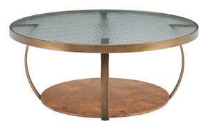 Gara Round Glass Top Coffee Table Wavy Burl Veneer Base for Modern Lounges