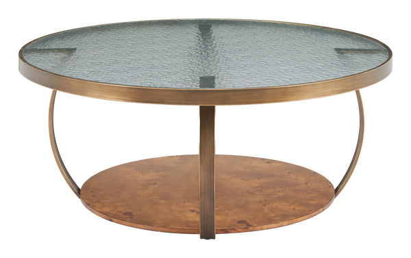 Gara Round Glass Top Coffee Table Wavy Burl Veneer Base for Modern Lounges