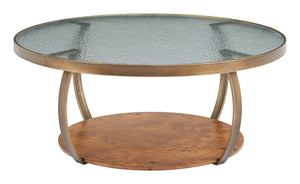 Gara Round Glass Top Coffee Table Wavy Burl Veneer Base for Modern Lounges