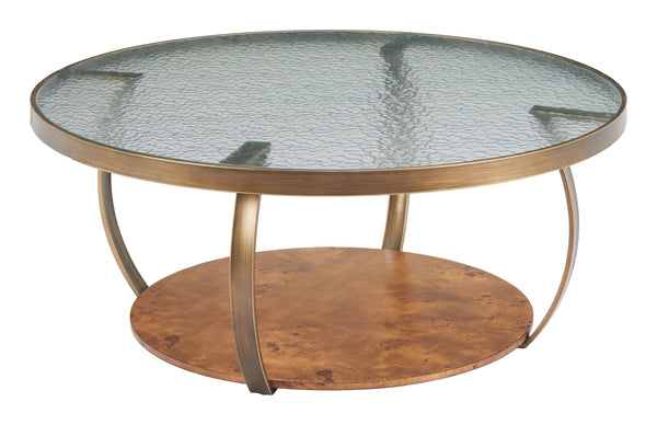 Gara Round Glass Top Coffee Table Wavy Burl Veneer Base for Modern Lounges