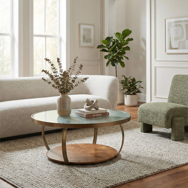 Gara Round Glass Top Coffee Table Wavy Burl Veneer Base for Modern Lounges