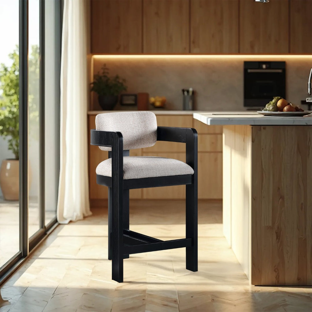 Meridian Furniture Sacha Woven Linen Counter Stool with Fluted Wood Base for Kitchen Islands 11075Beige-C