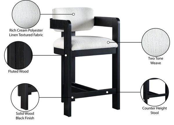 Meridian Furniture Sacha Cream Linen Weave Counter Stool with Fluted Black Wood Frame for Islands 11075Cream-C