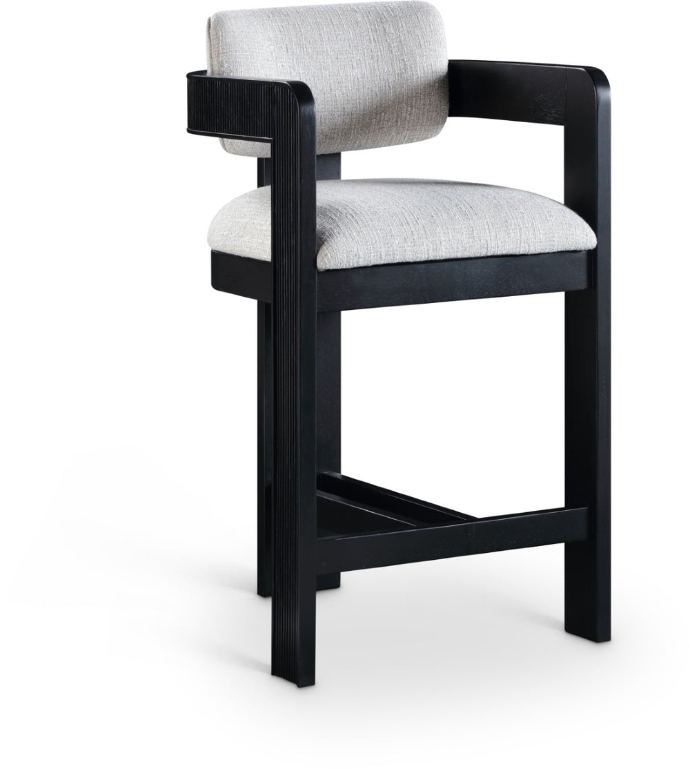 Meridian Furniture Sacha Fluted Wood Frame Counter Stool with Grey Linen Seat for Modern Kitchens 11075Grey-C