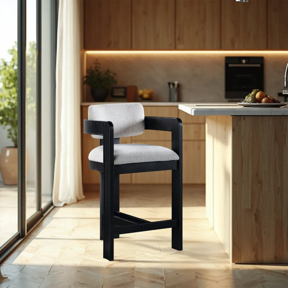 Meridian Furniture Sacha Fluted Wood Frame Counter Stool with Grey Linen Seat for Modern Kitchens 11075Grey-C