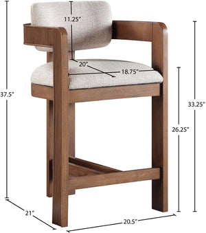 Meridian Furniture Sacha Linen Textured Upholstered Counter Stool with Fluted Walnut Wood Frame 11076Beige-C