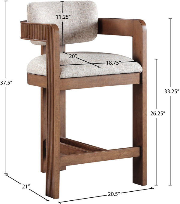 Meridian Furniture Sacha Linen Textured Upholstered Counter Stool with Fluted Walnut Wood Frame 11076Beige-C
