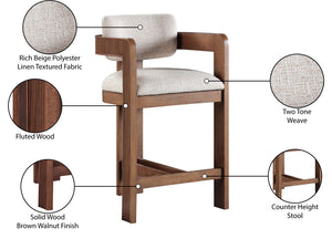 Meridian Furniture Sacha Linen Textured Upholstered Counter Stool with Fluted Walnut Wood Frame 11076Beige-C