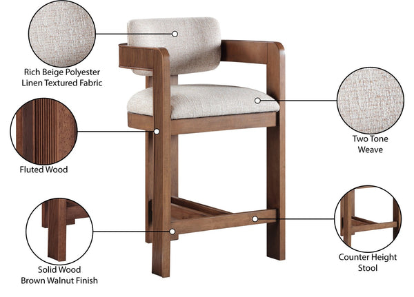 Meridian Furniture Sacha Linen Textured Upholstered Counter Stool with Fluted Walnut Wood Frame 11076Beige-C
