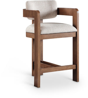 Meridian Furniture Sacha Linen Textured Upholstered Counter Stool with Fluted Walnut Wood Frame 11076Beige-C