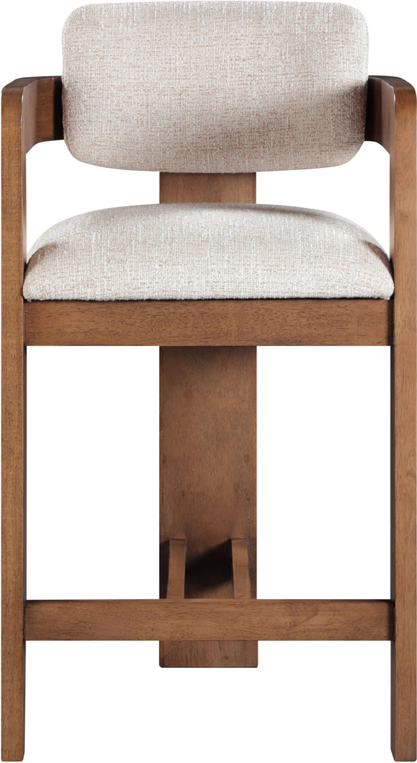 Meridian Furniture Sacha Linen Textured Upholstered Counter Stool with Fluted Walnut Wood Frame 11076Beige-C