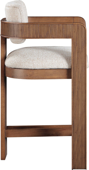 Meridian Furniture Sacha Linen Textured Upholstered Counter Stool with Fluted Walnut Wood Frame 11076Beige-C