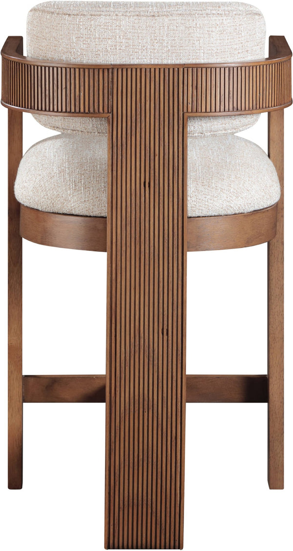 Meridian Furniture Sacha Linen Textured Upholstered Counter Stool with Fluted Walnut Wood Frame 11076Beige-C