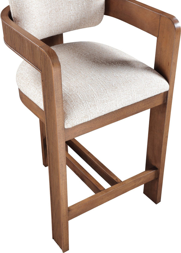 Meridian Furniture Sacha Linen Textured Upholstered Counter Stool with Fluted Walnut Wood Frame 11076Beige-C