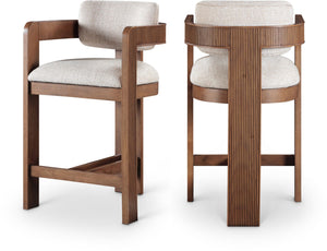 Meridian Furniture Sacha Linen Textured Upholstered Counter Stool with Fluted Walnut Wood Frame 11076Beige-C