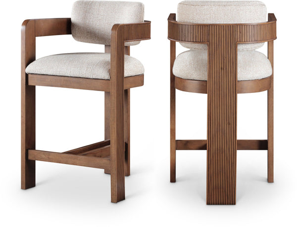 Meridian Furniture Sacha Linen Textured Upholstered Counter Stool with Fluted Walnut Wood Frame 11076Beige-C