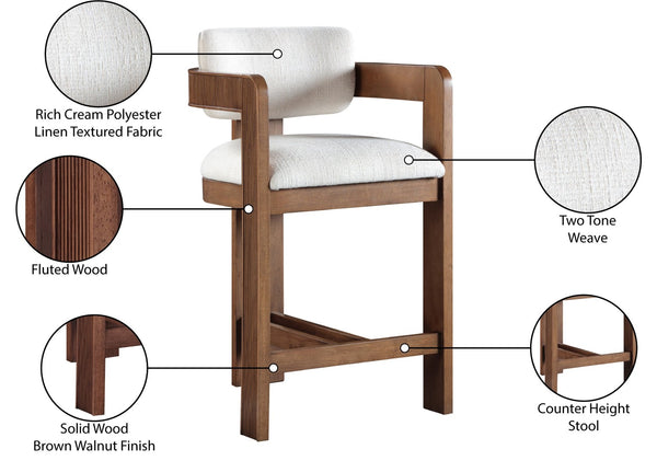 Meridian Furniture Sacha Fluted Solid Wood Counter Stool with Linen Textured Cream Upholstered Seat 11076Cream-C