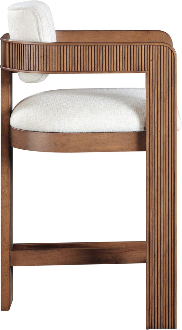 Meridian Furniture Sacha Fluted Solid Wood Counter Stool with Linen Textured Cream Upholstered Seat 11076Cream-C