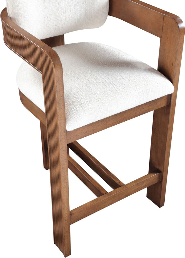 Meridian Furniture Sacha Fluted Solid Wood Counter Stool with Linen Textured Cream Upholstered Seat 11076Cream-C