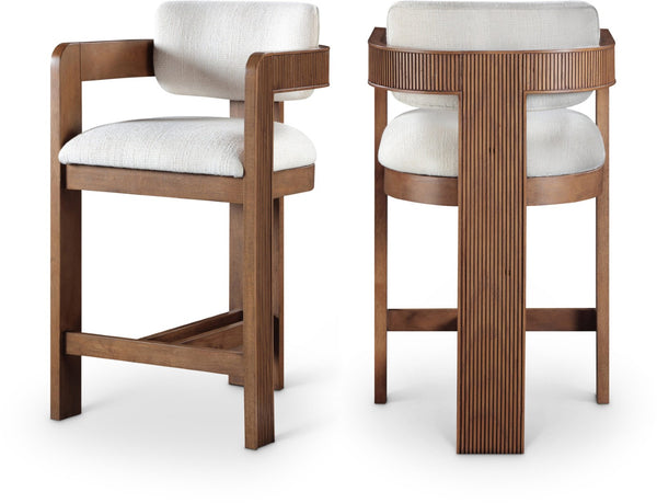 Meridian Furniture Sacha Fluted Solid Wood Counter Stool with Linen Textured Cream Upholstered Seat 11076Cream-C