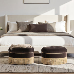 English Elm Jennifer Taylor Home - Yolanda Round 24" Upholstered Accent Ottoman in Performance Velvet with Tassel Fringe, Durable Build Brown B2719P358854