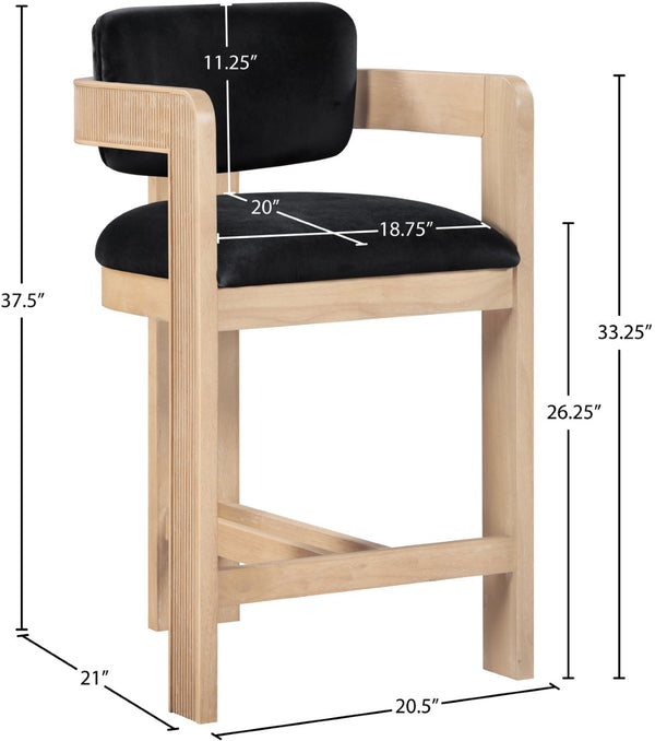Meridian Furniture Sacha Fluted Wood Counter Stool with 460 Gsm Black Velvet Upholstered Seat 11077Black-C