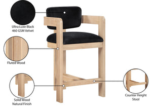Meridian Furniture Sacha Fluted Wood Counter Stool with 460 Gsm Black Velvet Upholstered Seat 11077Black-C