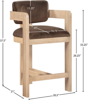 Meridian Furniture Sacha Velvet Counter Stool with Fluted Wood Legs for Kitchen Islands 11077Brown-C