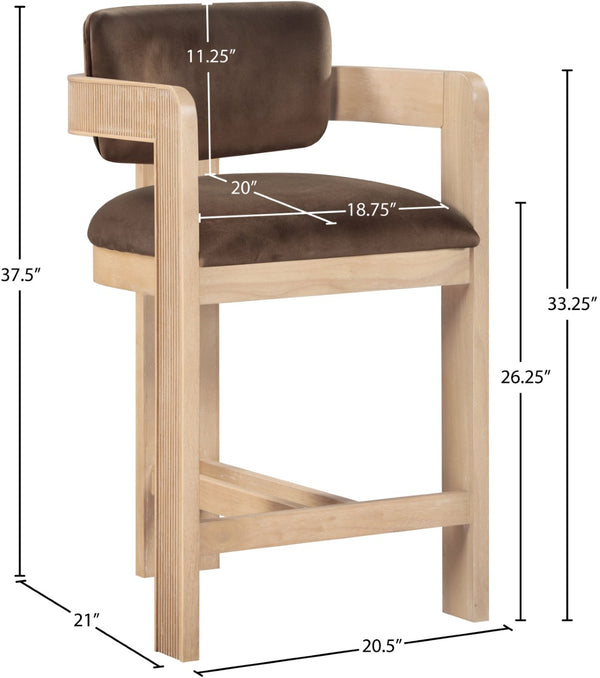 Meridian Furniture Sacha Velvet Counter Stool with Fluted Wood Legs for Kitchen Islands 11077Brown-C