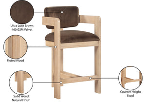 Meridian Furniture Sacha Velvet Counter Stool with Fluted Wood Legs for Kitchen Islands 11077Brown-C