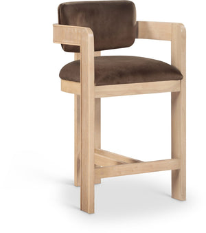 Meridian Furniture Sacha Velvet Counter Stool with Fluted Wood Legs for Kitchen Islands 11077Brown-C