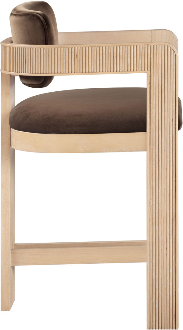 Meridian Furniture Sacha Velvet Counter Stool with Fluted Wood Legs for Kitchen Islands 11077Brown-C