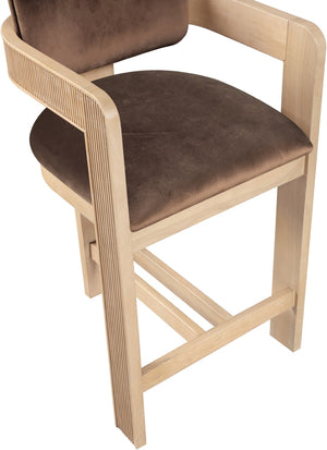 Meridian Furniture Sacha Velvet Counter Stool with Fluted Wood Legs for Kitchen Islands 11077Brown-C