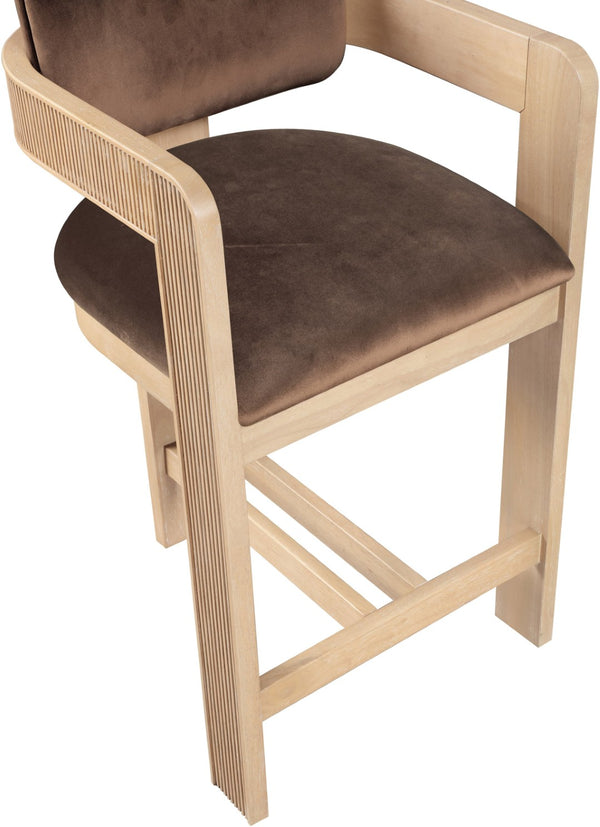 Meridian Furniture Sacha Velvet Counter Stool with Fluted Wood Legs for Kitchen Islands 11077Brown-C