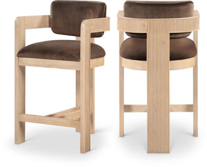 Meridian Furniture Sacha Velvet Counter Stool with Fluted Wood Legs for Kitchen Islands 11077Brown-C