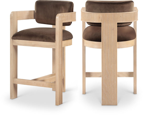 Meridian Furniture Sacha Velvet Counter Stool with Fluted Wood Legs for Kitchen Islands 11077Brown-C
