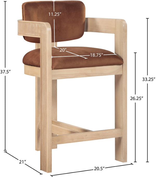 Meridian Furniture Sacha Cognac Velvet Counter Stool with Fluted Solid Wood Frame for Kitchen Islands 11077Cognac-C