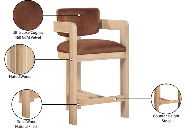 Meridian Furniture Sacha Cognac Velvet Counter Stool with Fluted Solid Wood Frame for Kitchen Islands 11077Cognac-C