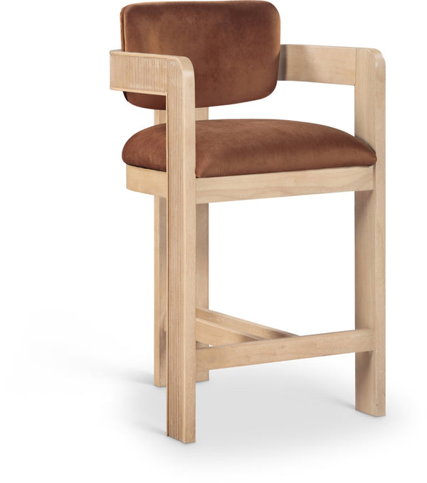 Meridian Furniture Sacha Cognac Velvet Counter Stool with Fluted Solid Wood Frame for Kitchen Islands 11077Cognac-C