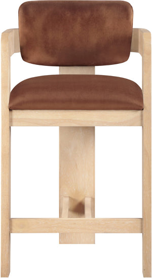 Meridian Furniture Sacha Cognac Velvet Counter Stool with Fluted Solid Wood Frame for Kitchen Islands 11077Cognac-C
