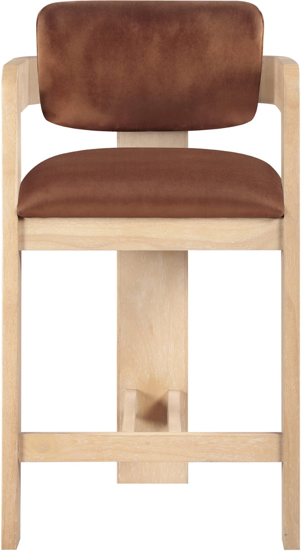 Meridian Furniture Sacha Cognac Velvet Counter Stool with Fluted Solid Wood Frame for Kitchen Islands 11077Cognac-C
