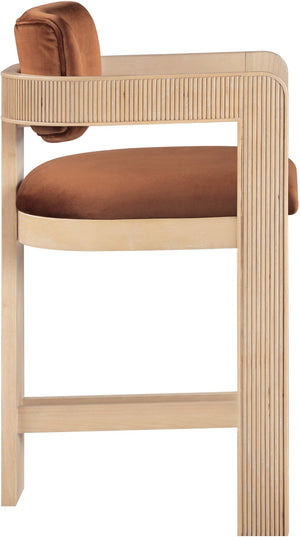 Meridian Furniture Sacha Cognac Velvet Counter Stool with Fluted Solid Wood Frame for Kitchen Islands 11077Cognac-C