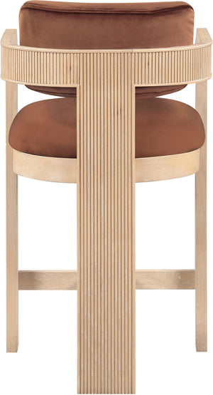 Meridian Furniture Sacha Cognac Velvet Counter Stool with Fluted Solid Wood Frame for Kitchen Islands 11077Cognac-C